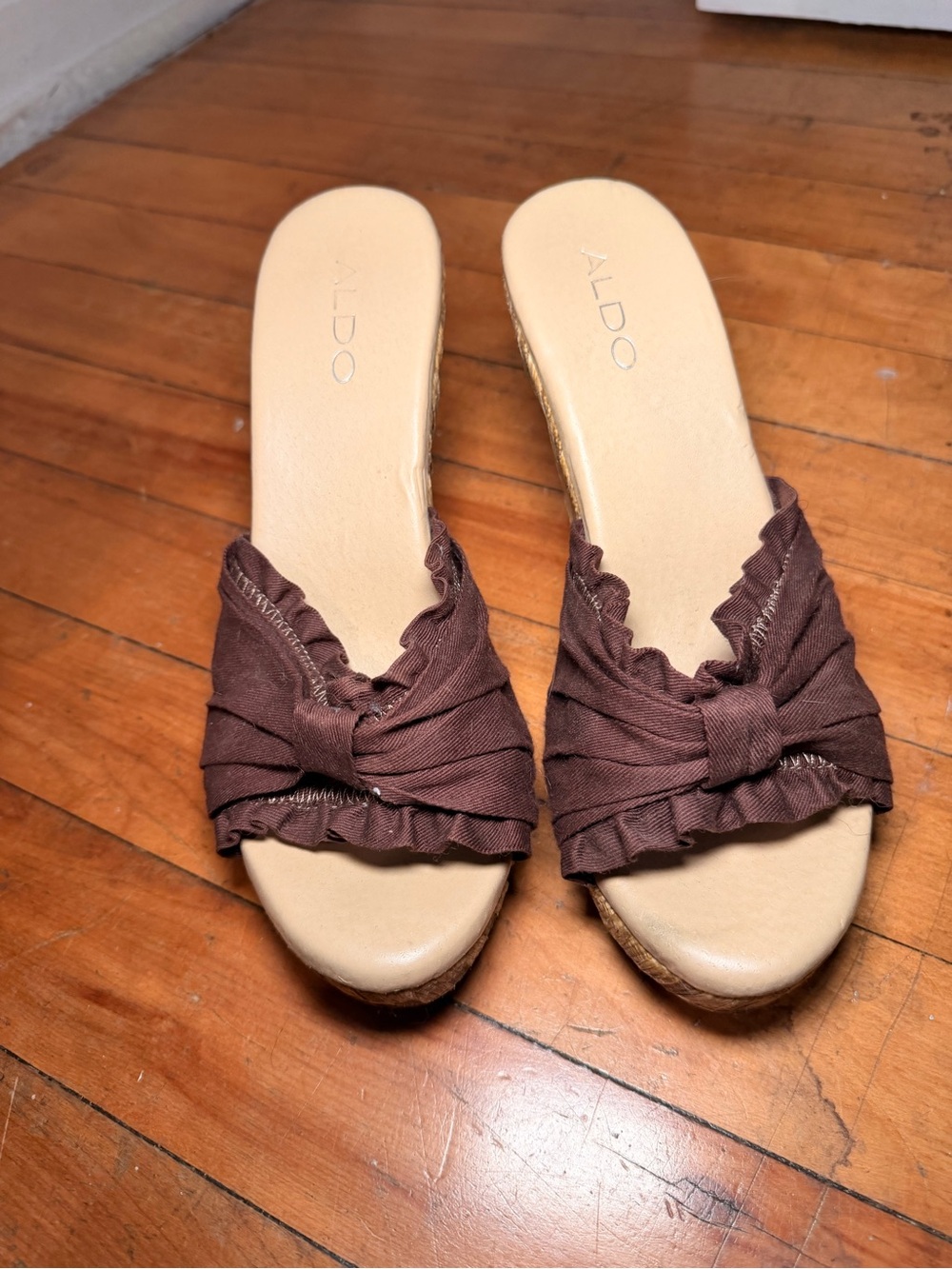 Aldo Brown Knotted Ruffle Slide Sandals